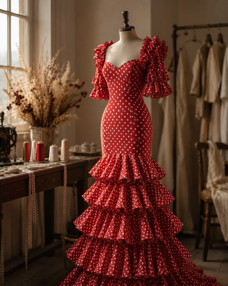 Traje de flamenca rojo de lunares a medida confeccionado en Málaga