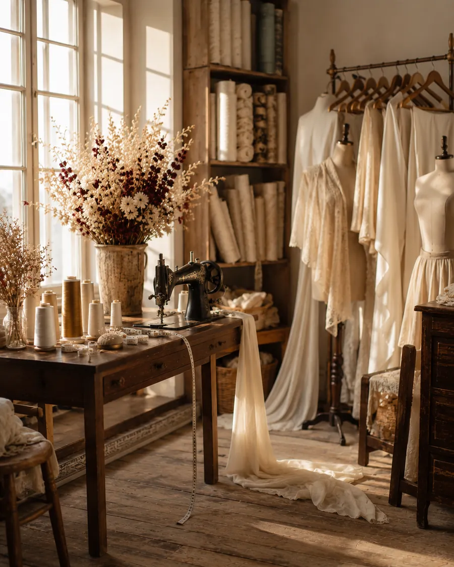 Interior del taller de alta costura Luz Novias y Fiesta en Málaga, con máquina de coser antigua, maniquíes y vestidos
